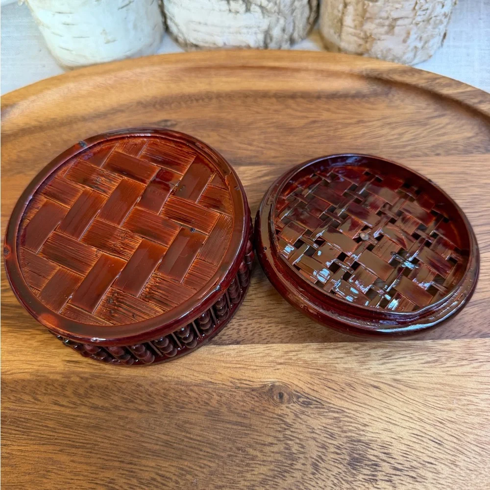 Vintage Burgundy Red Round Woven Trinket Box Removable Lid